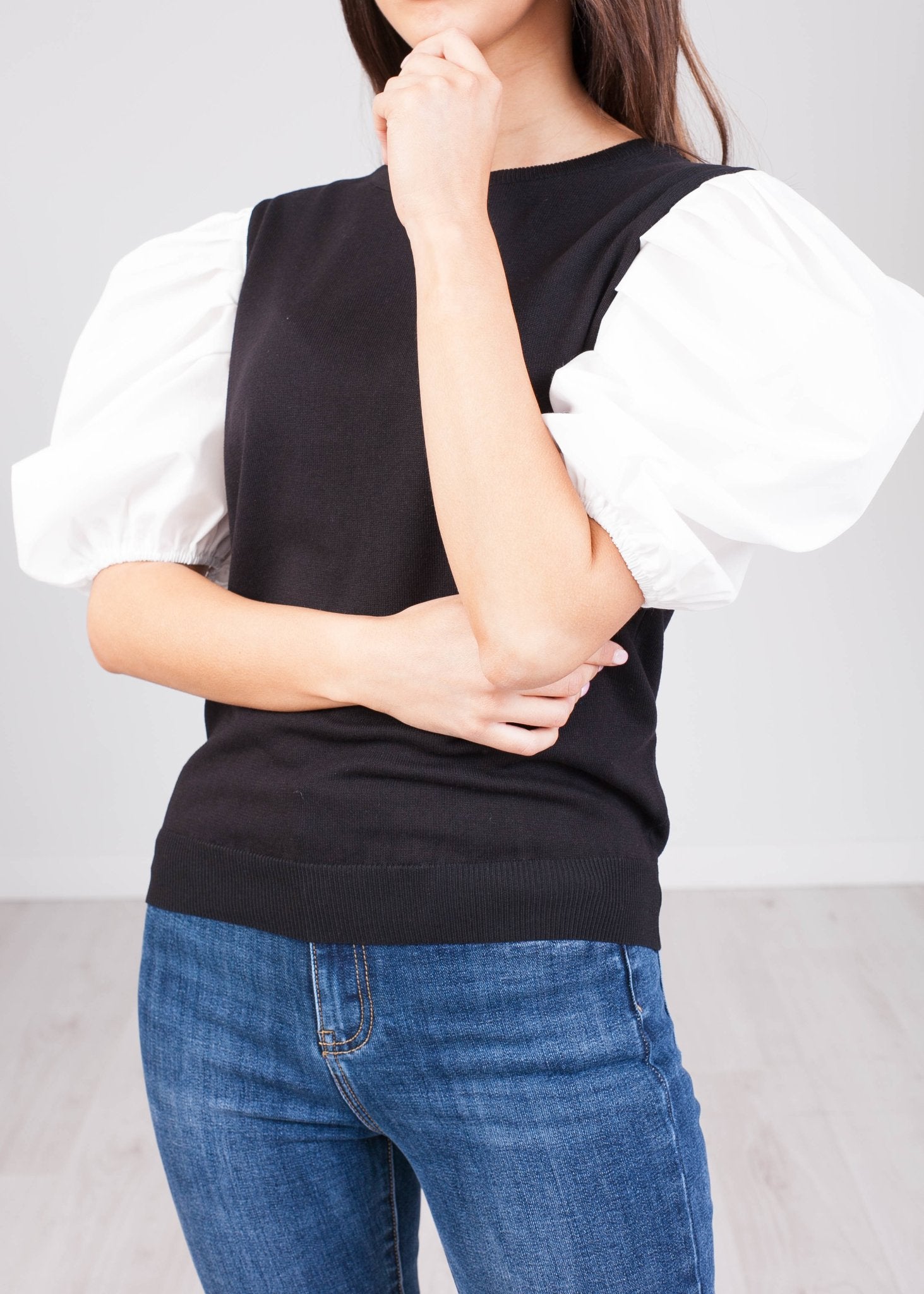 Alice Black Jumper With Puff Sleeves - The Walk in Wardrobe