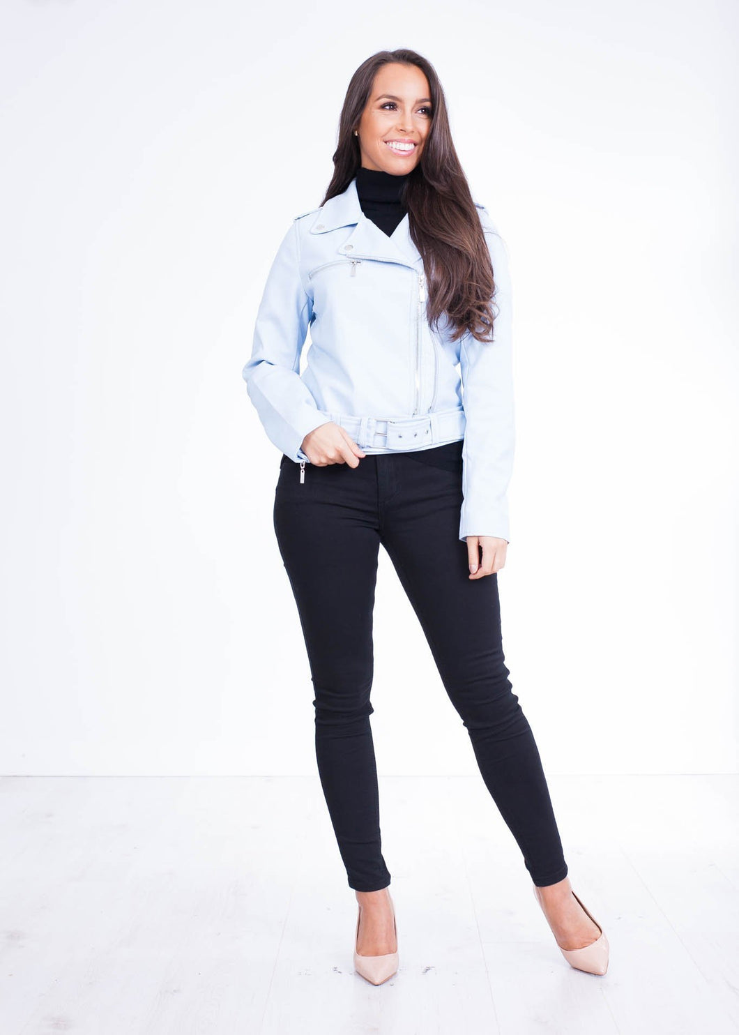 Arabella Baby Blue Faux Leather Jacket - The Walk in Wardrobe