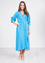 Load image into Gallery viewer, Cara Blue Polka Dot Wrap Dress - The Walk in Wardrobe