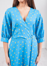 Load image into Gallery viewer, Cara Blue Polka Dot Wrap Dress - The Walk in Wardrobe