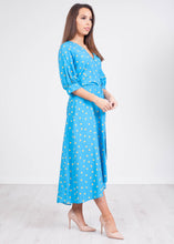 Load image into Gallery viewer, Cara Blue Polka Dot Wrap Dress - The Walk in Wardrobe