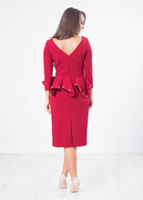 Load image into Gallery viewer, Marissa Burgundy Pearl Peplum Dress - The Walk in Wardrobe