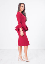 Load image into Gallery viewer, Marissa Burgundy Pearl Peplum Dress - The Walk in Wardrobe