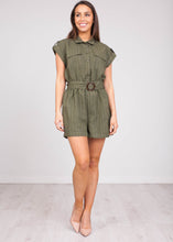 Load image into Gallery viewer, Sophia Khaki Pinstripe Playsuit - The Walk in Wardrobe