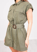 Load image into Gallery viewer, Sophia Khaki Pinstripe Playsuit - The Walk in Wardrobe
