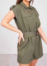 Load image into Gallery viewer, Sophia Khaki Pinstripe Playsuit - The Walk in Wardrobe